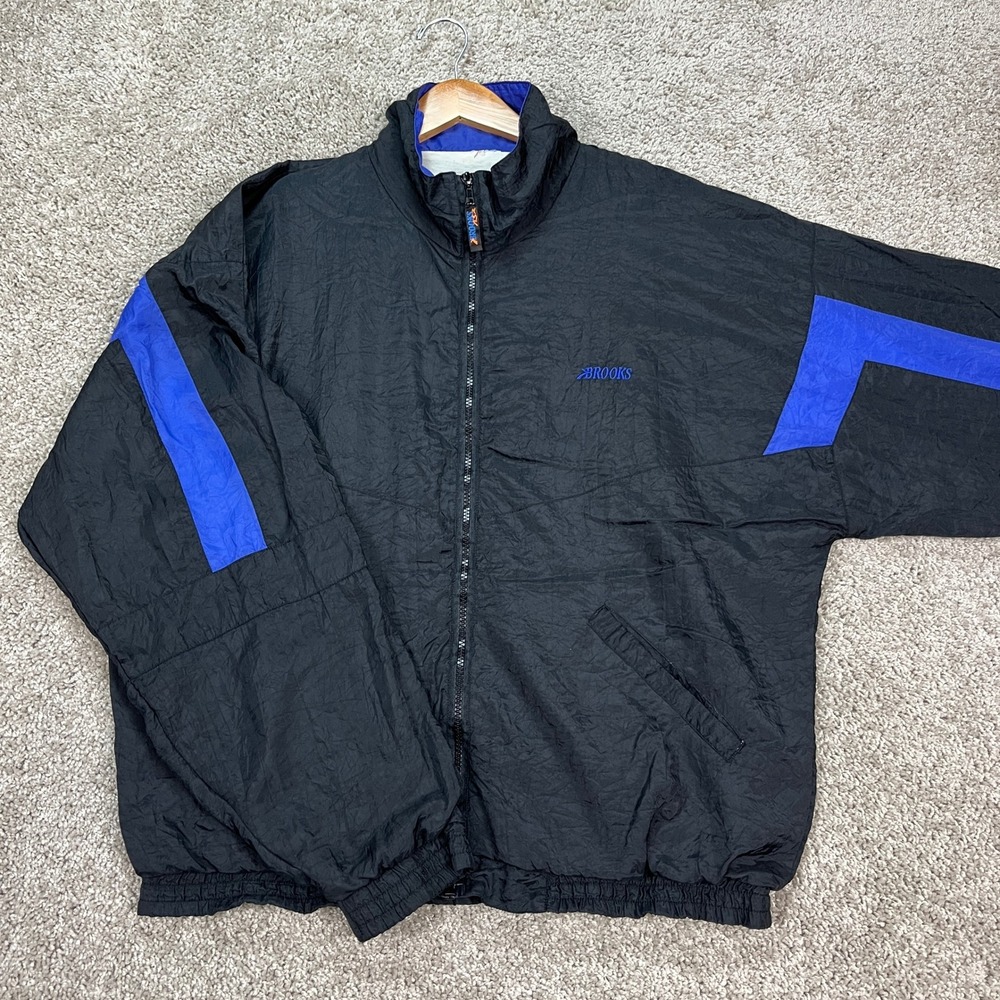 Vintage Brooks Jacket Mens XL Black Blue Colorblock Full Zip Windbreaker Running